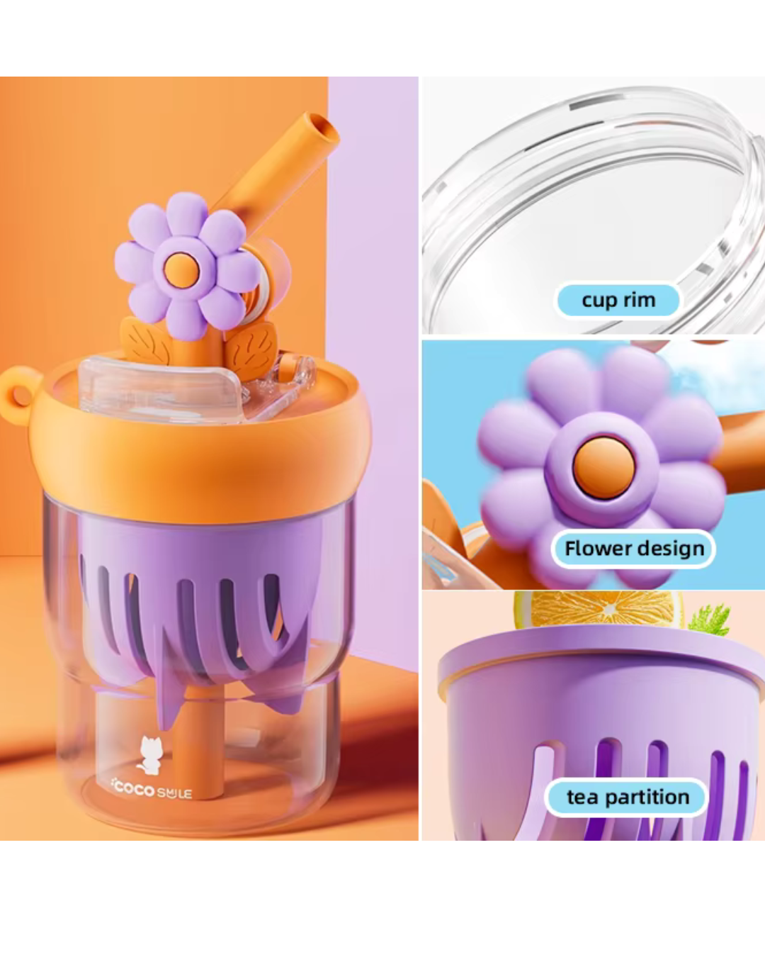 Flower Water Cup With Straw - 550ML