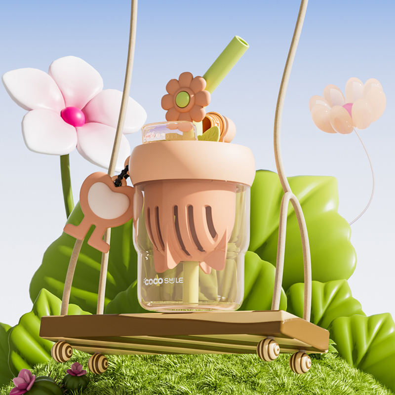 Flower Water Cup With Straw - 550ML