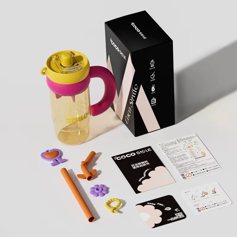 Flower water cup with straw